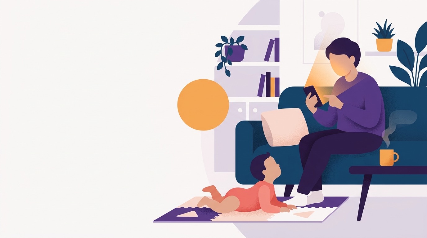 Illustratie van een ouder op de bank met een telefoon, en een baby op de speelmat die omhoog kijkt